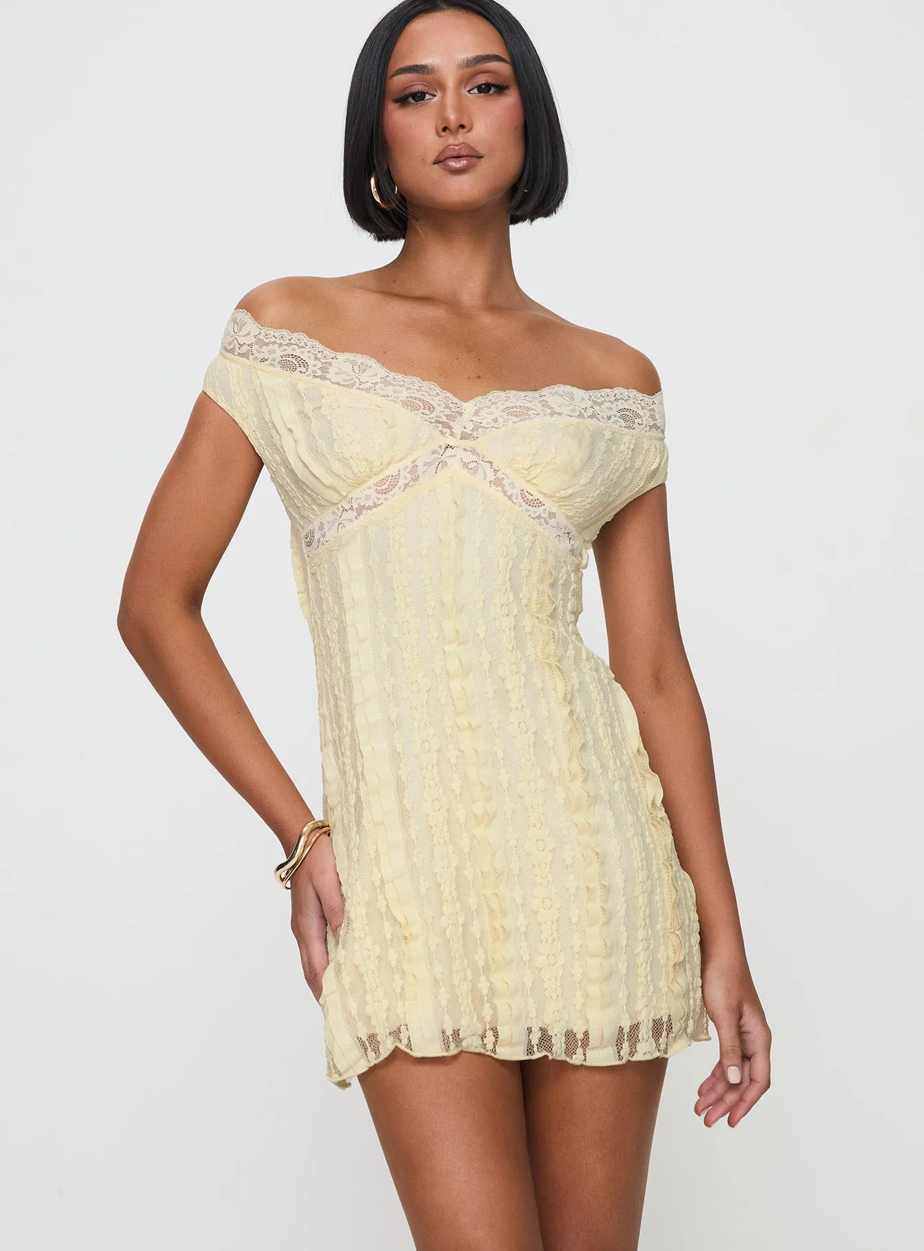 Bonnin Off The Shoulder Lace Mini Dress Yellow sold by Princess Polly product image thumbnail 2