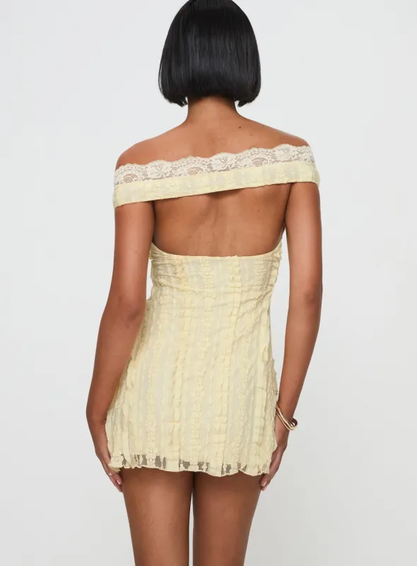 Bonnin Off The Shoulder Lace Mini Dress Yellow | Parallel