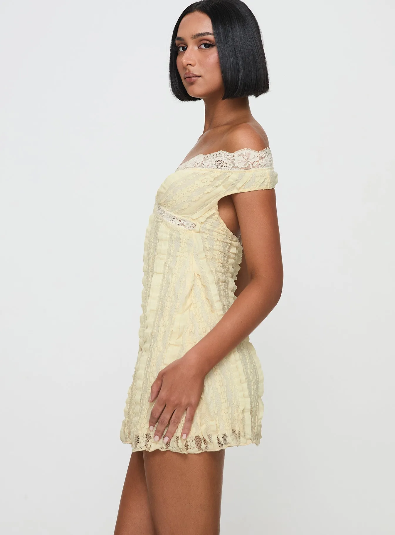 Bonnin Off The Shoulder Lace Mini Dress Yellow sold by Princess Polly product image thumbnail 4