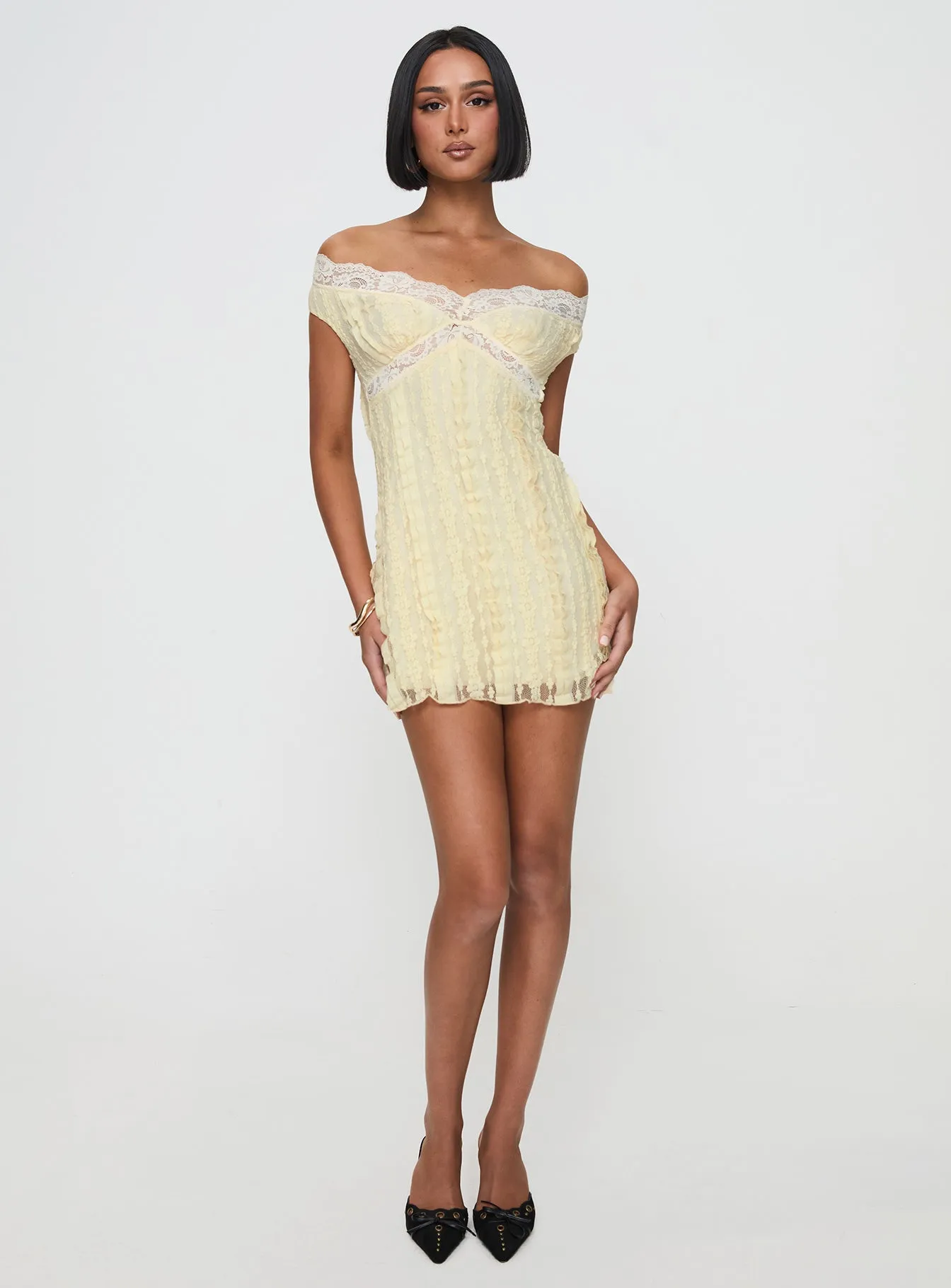 Bonnin Off The Shoulder Lace Mini Dress Yellow sold by Princess Polly product image thumbnail 3