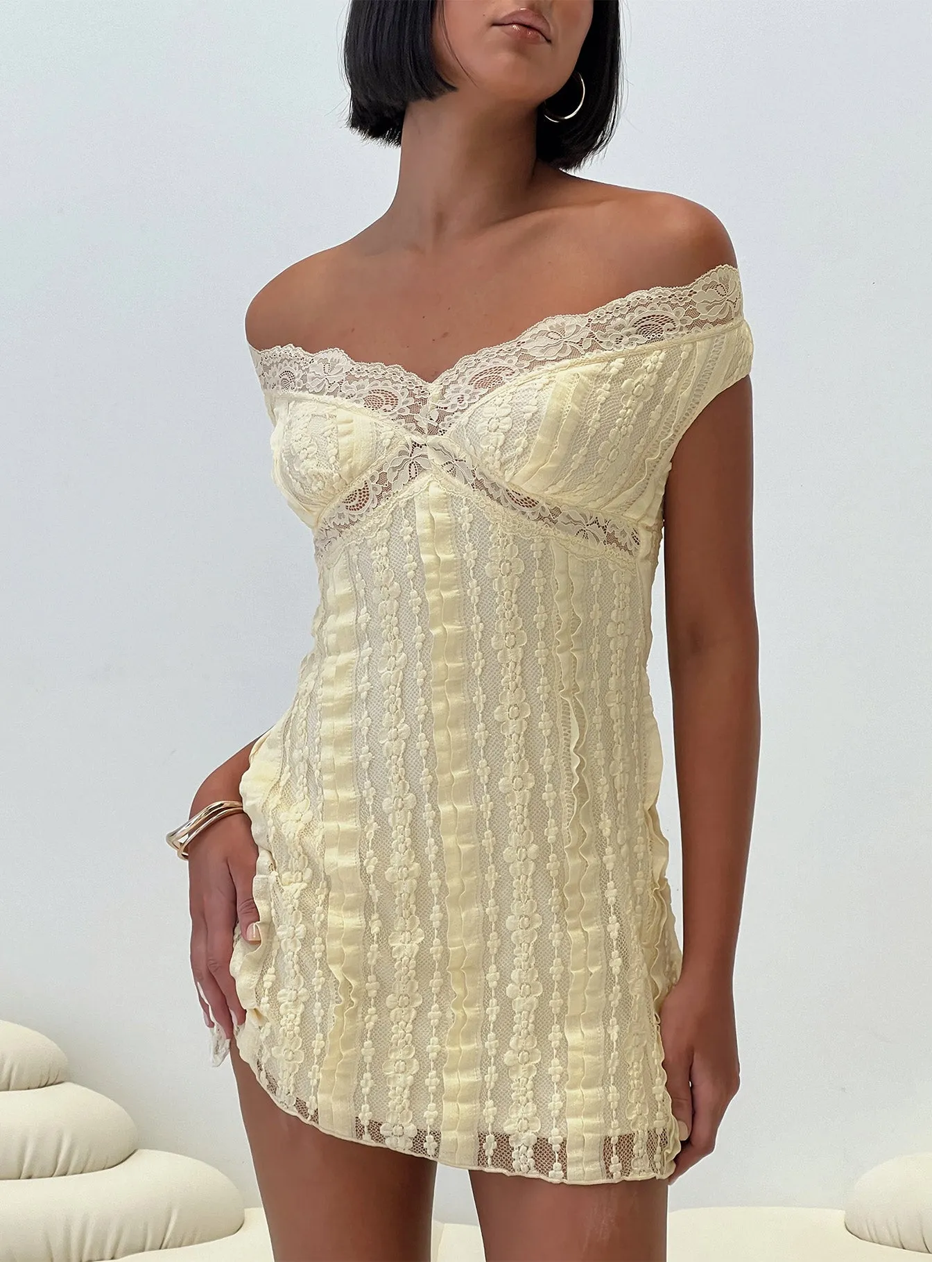Bonnin Off The Shoulder Lace Mini Dress Yellow sold by Princess Polly