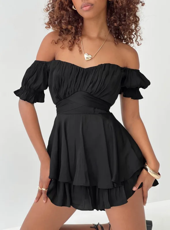 Poppins Off Shoulder Romper Black sold by Princess Polly