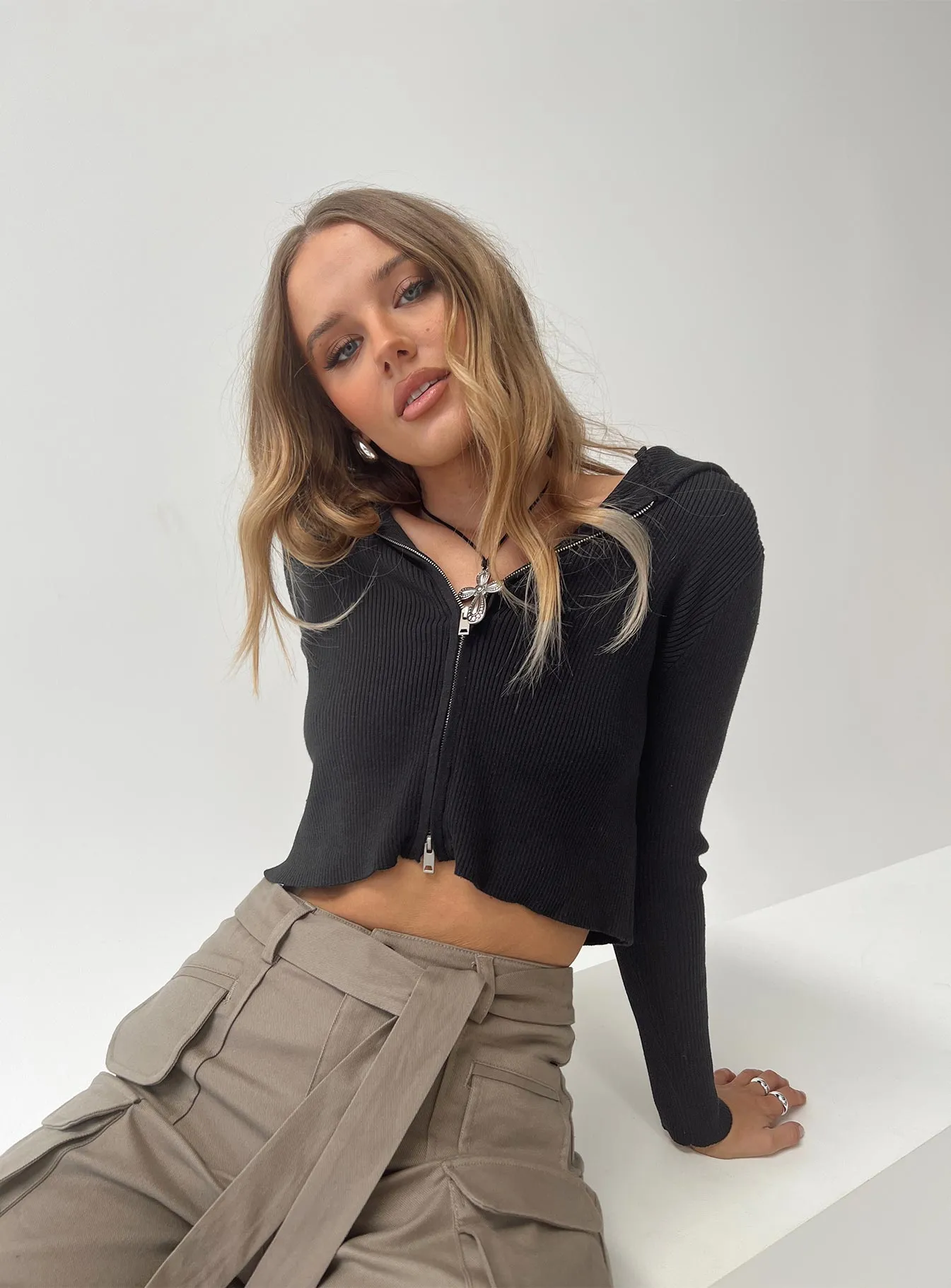 Cher Zip Up Knit Sweater Black sold by Princess Polly