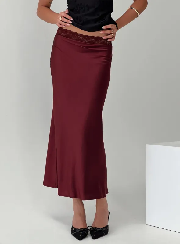 The Charmaine Maxi Skirt Burgundy sold by Princess Polly