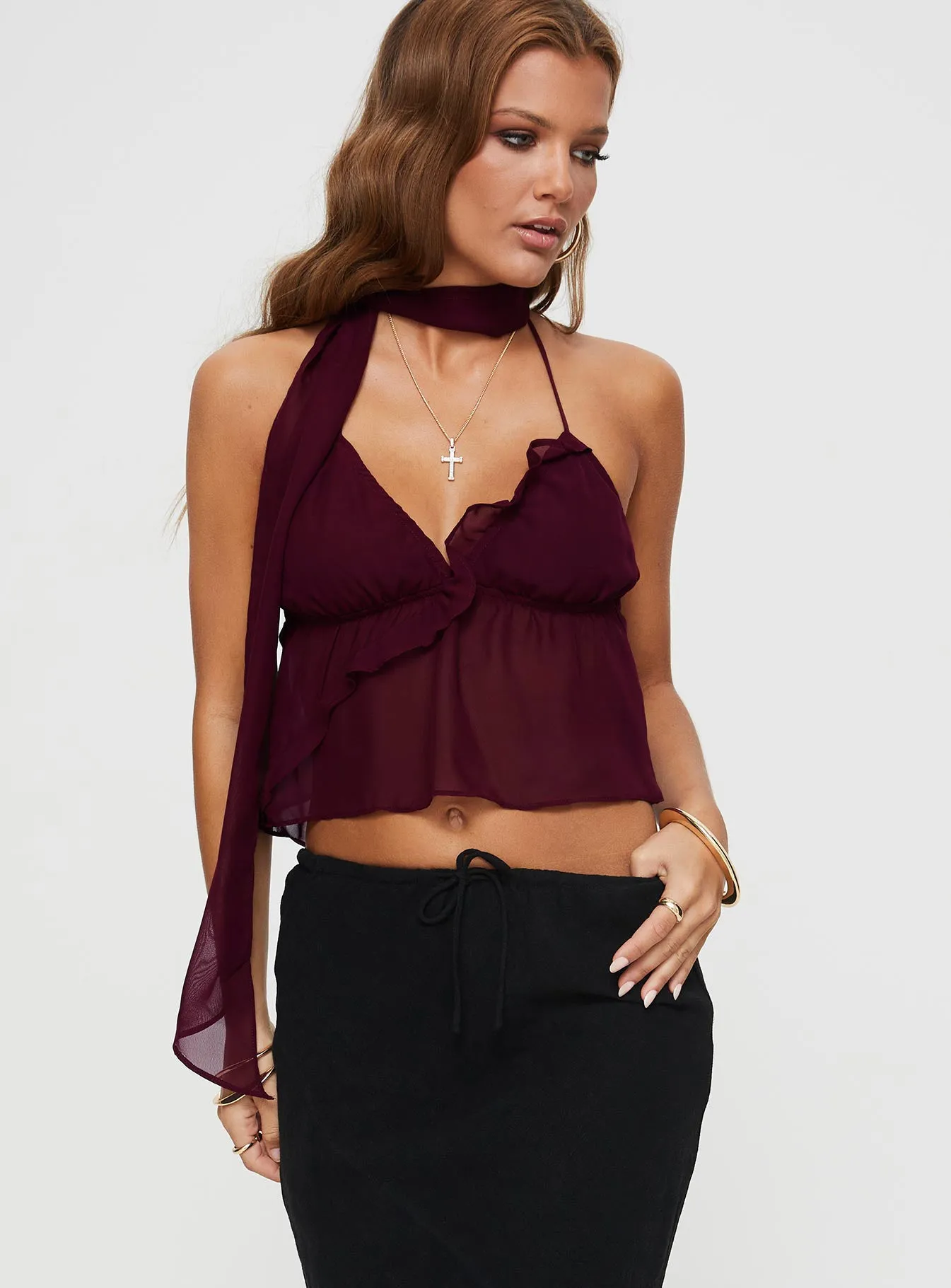 Demi Frill Top Burgundy sold by Princess Polly product image thumbnail 2