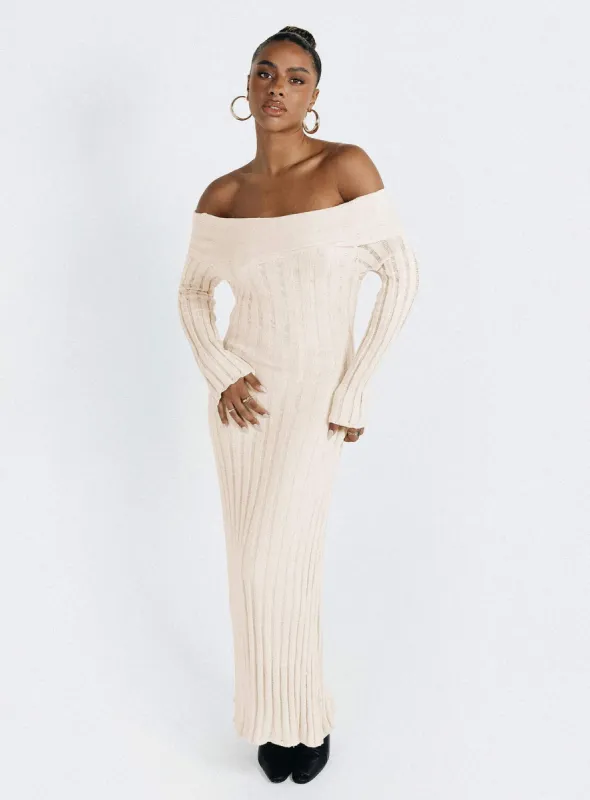 Lefler Off The Shoulder Maxi Dress Beige sold by Princess Polly