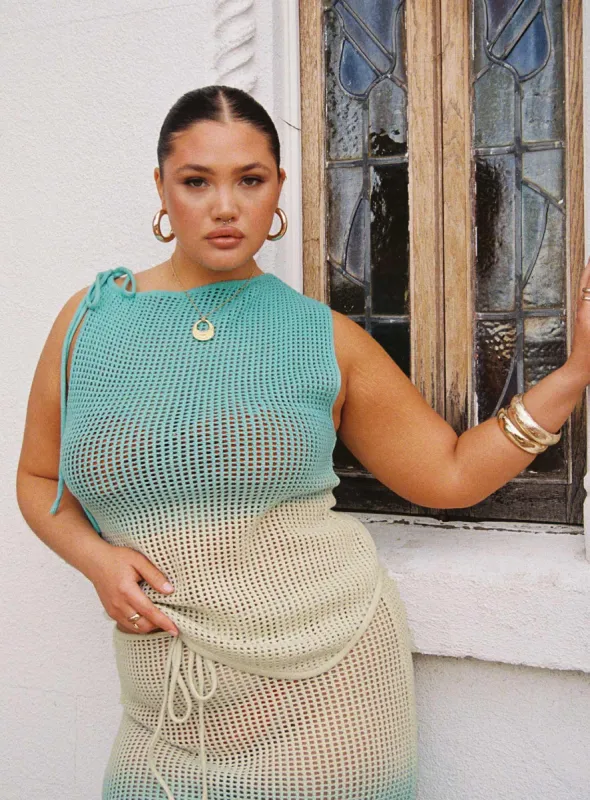 Auralia Asymmetric Knit Top Blue / Cream Curve sold by Princess Polly