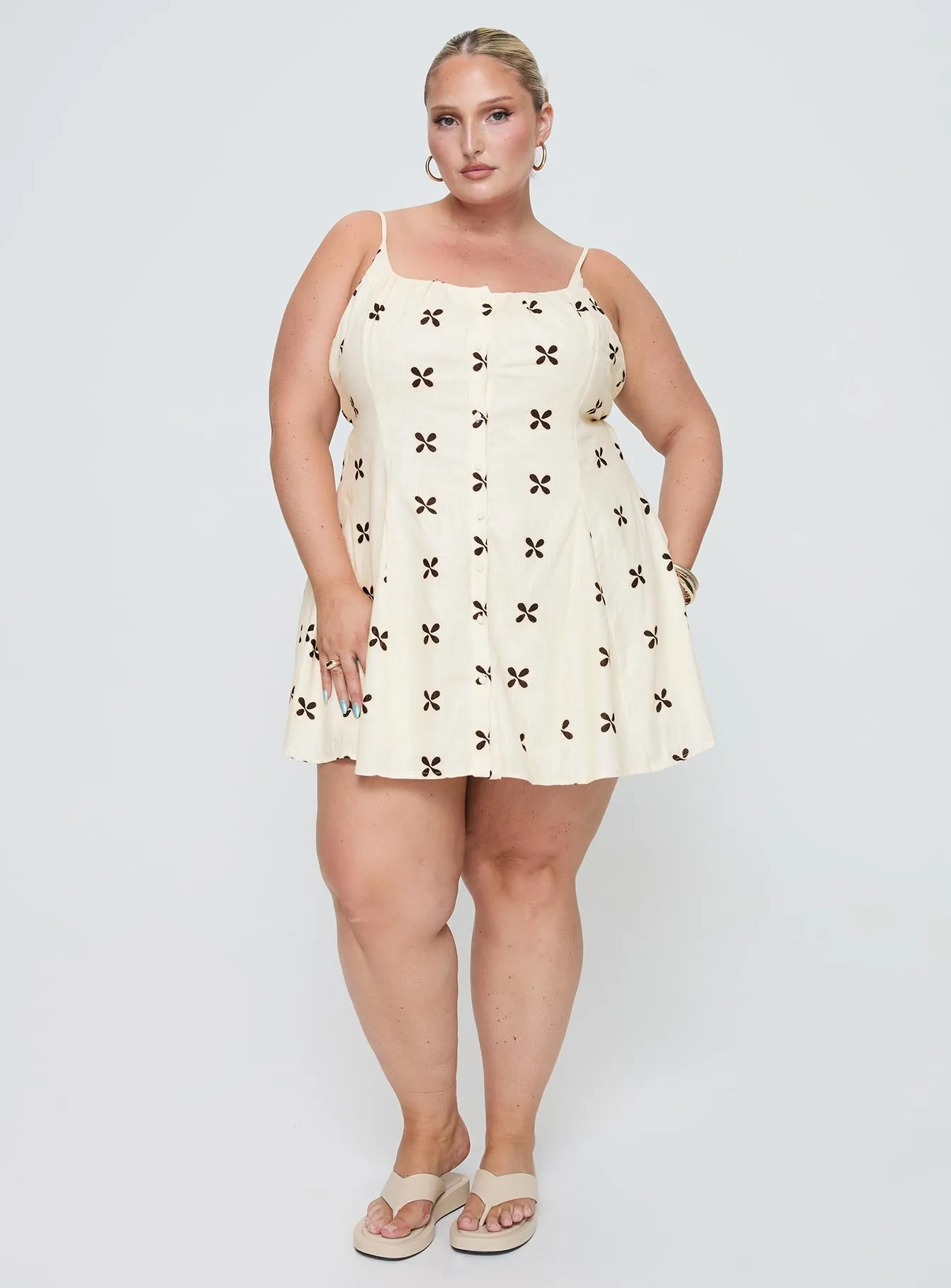 Elian Linen Blend Mini Dress Cream / Multi Curve sold by Princess Polly product image thumbnail 3