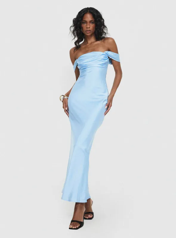 Azura Off The Shoulder Maxi Dress Blue sold by Princess Polly