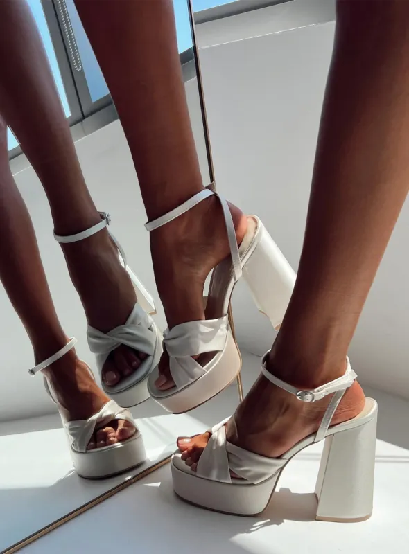 Everlasting Satin Platform Heels Champagne sold by Princess Polly