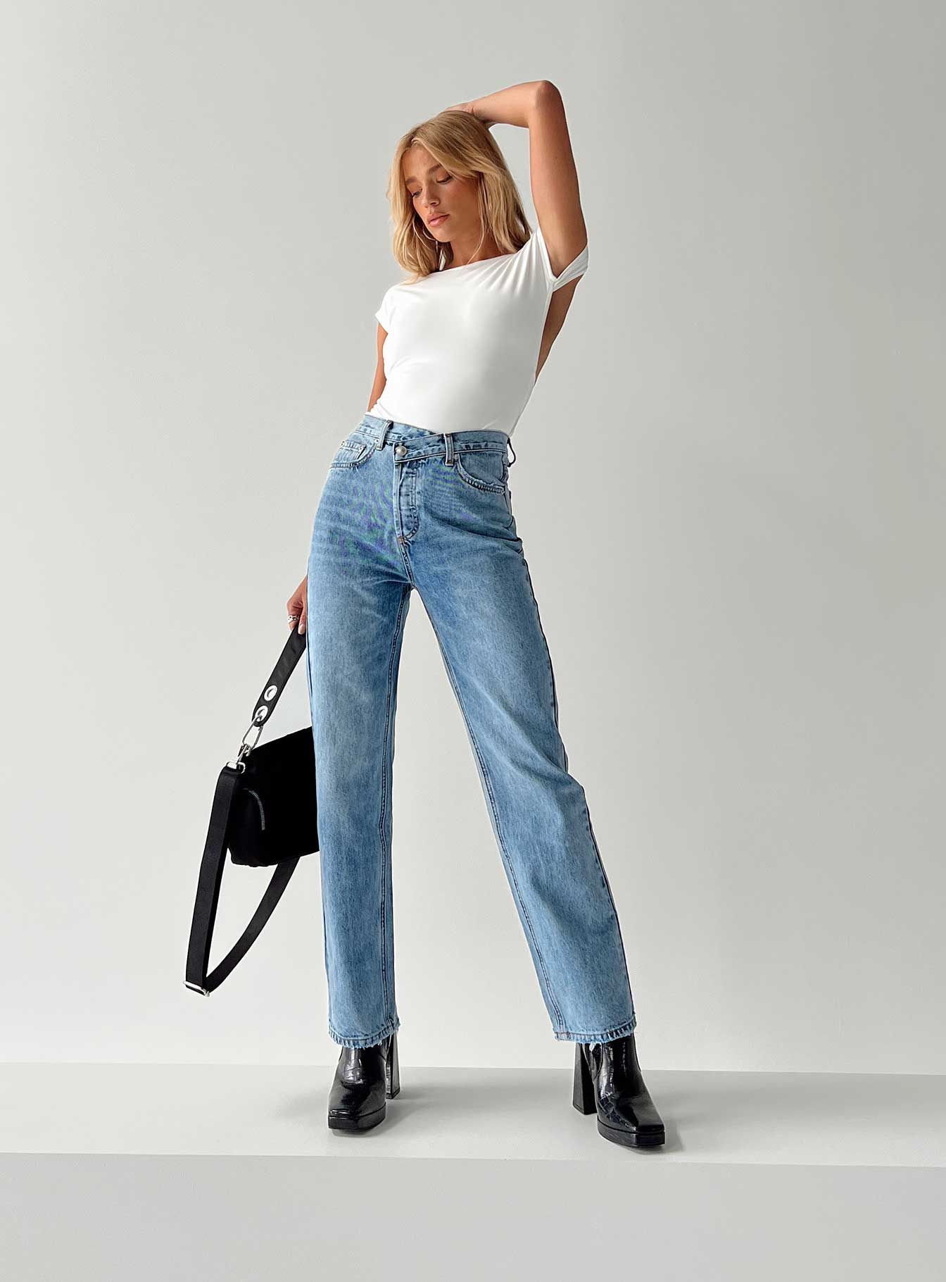 Holly Asymmetric Straight Leg Jean Light Wash Denim Lower Impact sold by Princess Polly product image thumbnail 11