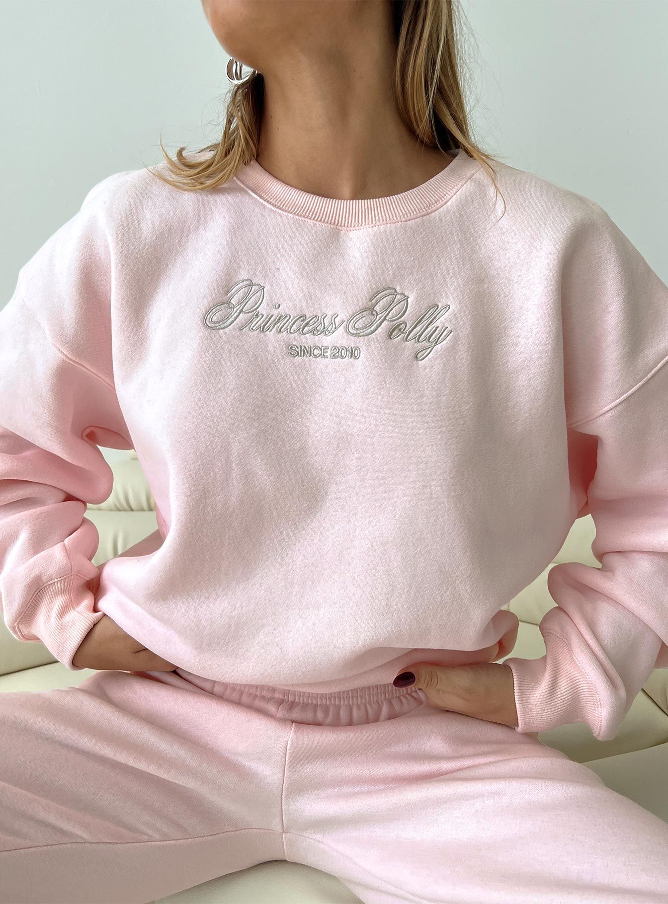 Princess Polly Crew Neck Sweatshirt Script Baby Pink / Grey sold by Princess Polly