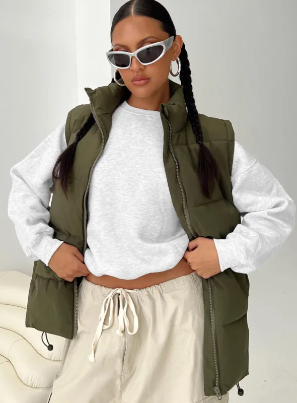Edison Puffer Vest Olive made by Princess Polly