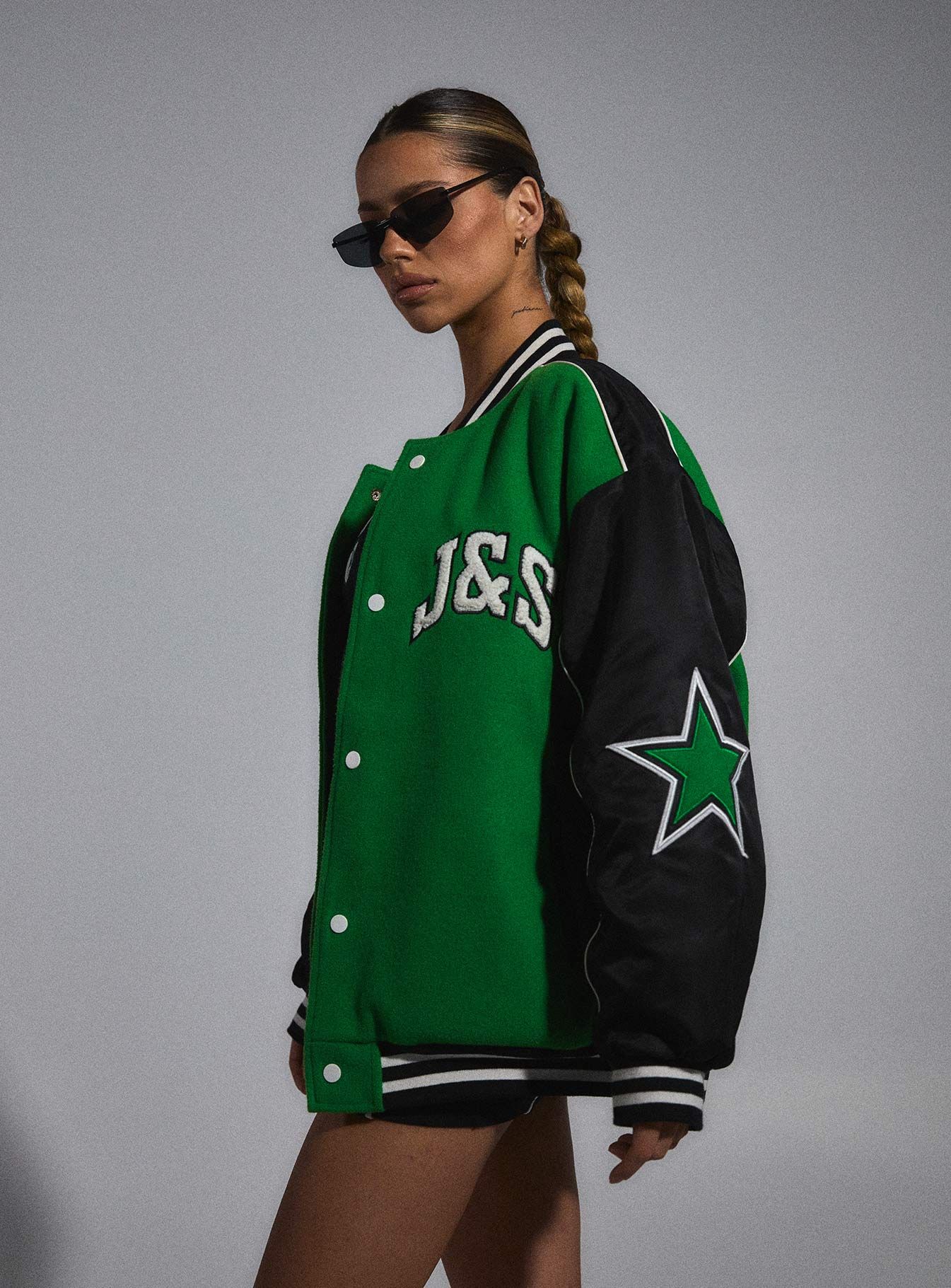JGR & STN Hailey Letterman Bomber Jacket Green/Black sold by Princess Polly product image thumbnail 3
