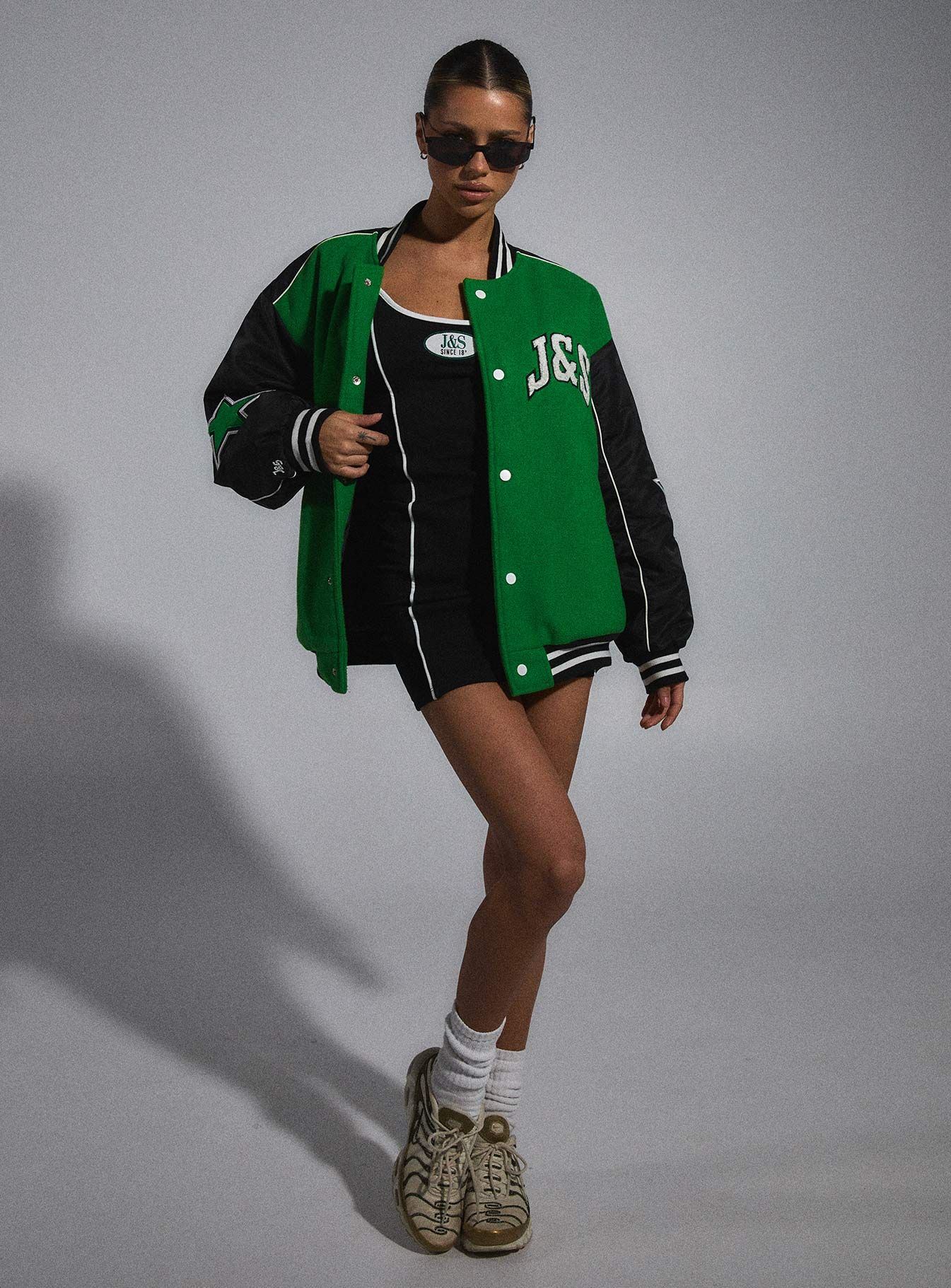 JGR & STN Hailey Letterman Bomber Jacket Green/Black sold by Princess Polly product image thumbnail 2