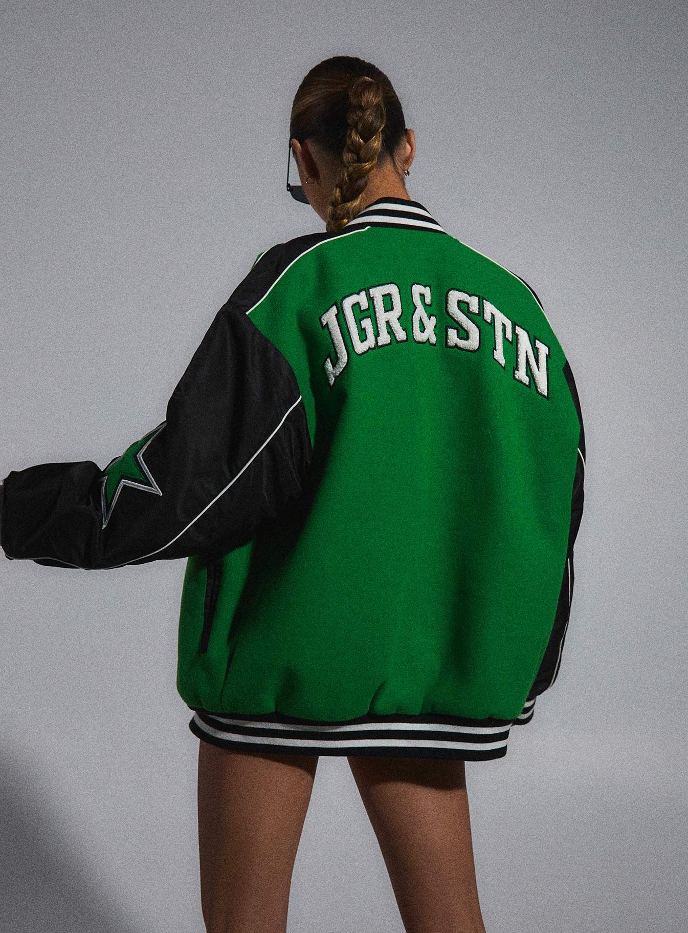JGR & STN Hailey Letterman Bomber Jacket Green/Black sold by Princess Polly product image thumbnail 4