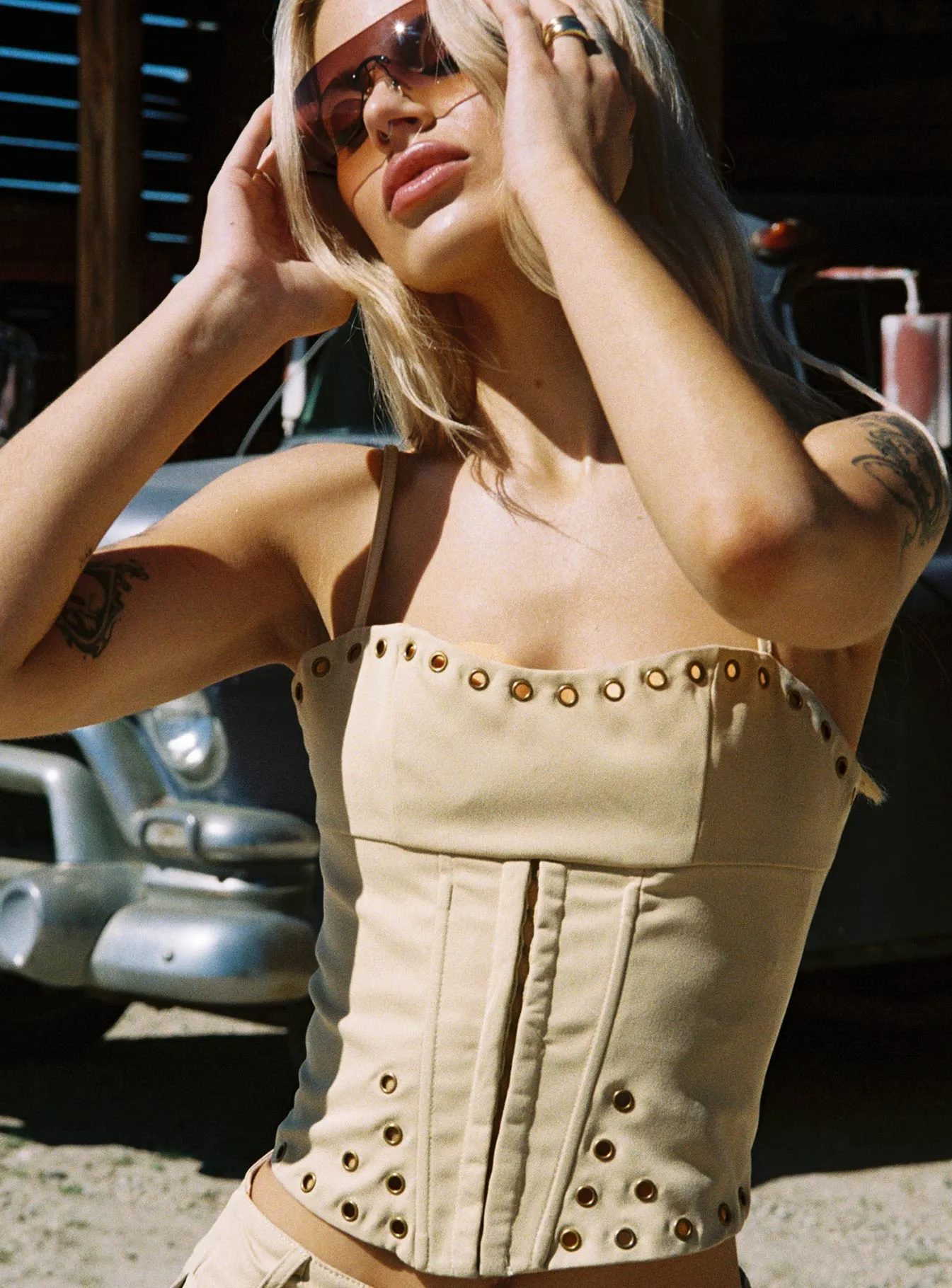 Alinzia Eyelet Corset Top Beige sold by Princess Polly