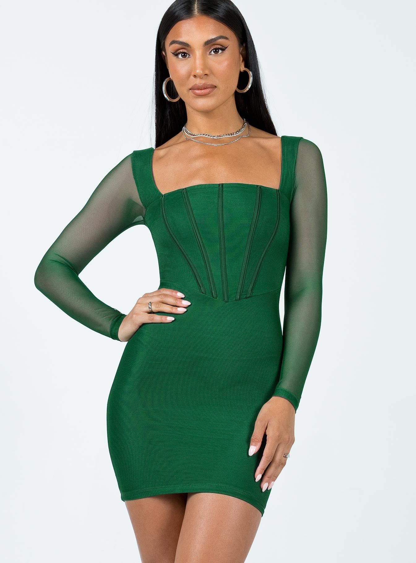 Ambleside Long Sleeve Mini Dress Green sold by Princess Polly product image thumbnail 2