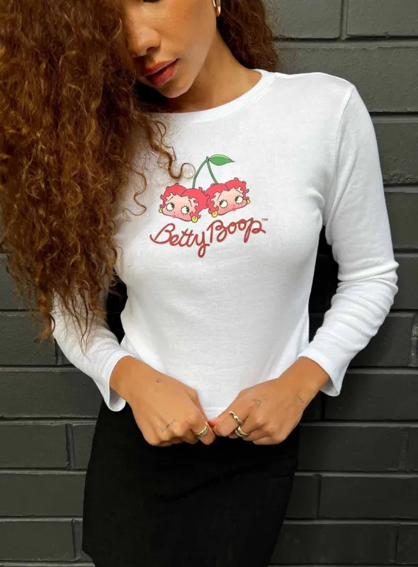 Betty Boop Cherry Girl Long Sleeve Top White made by Princess Polly