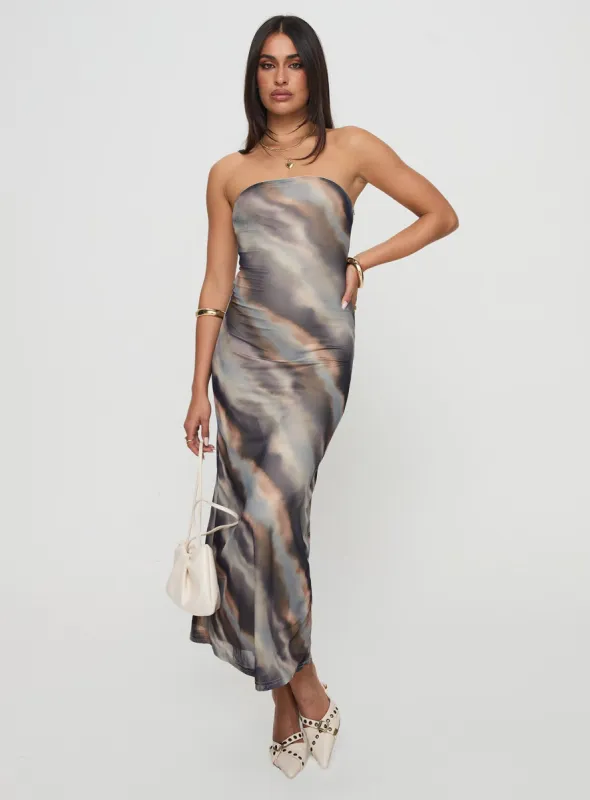 Pinacle Strapless Maxi Dress Brown sold by Princess Polly