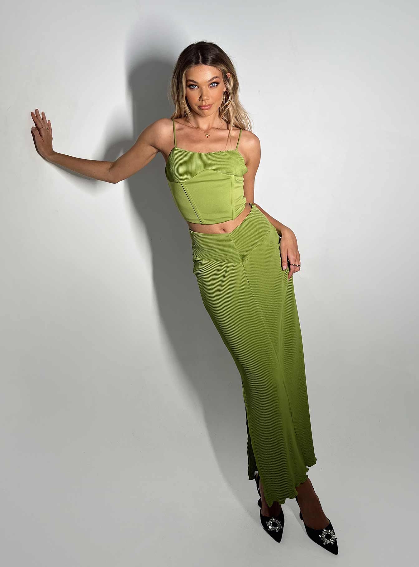 Topakas Plisse Maxi Skirt Green sold by Princess Polly