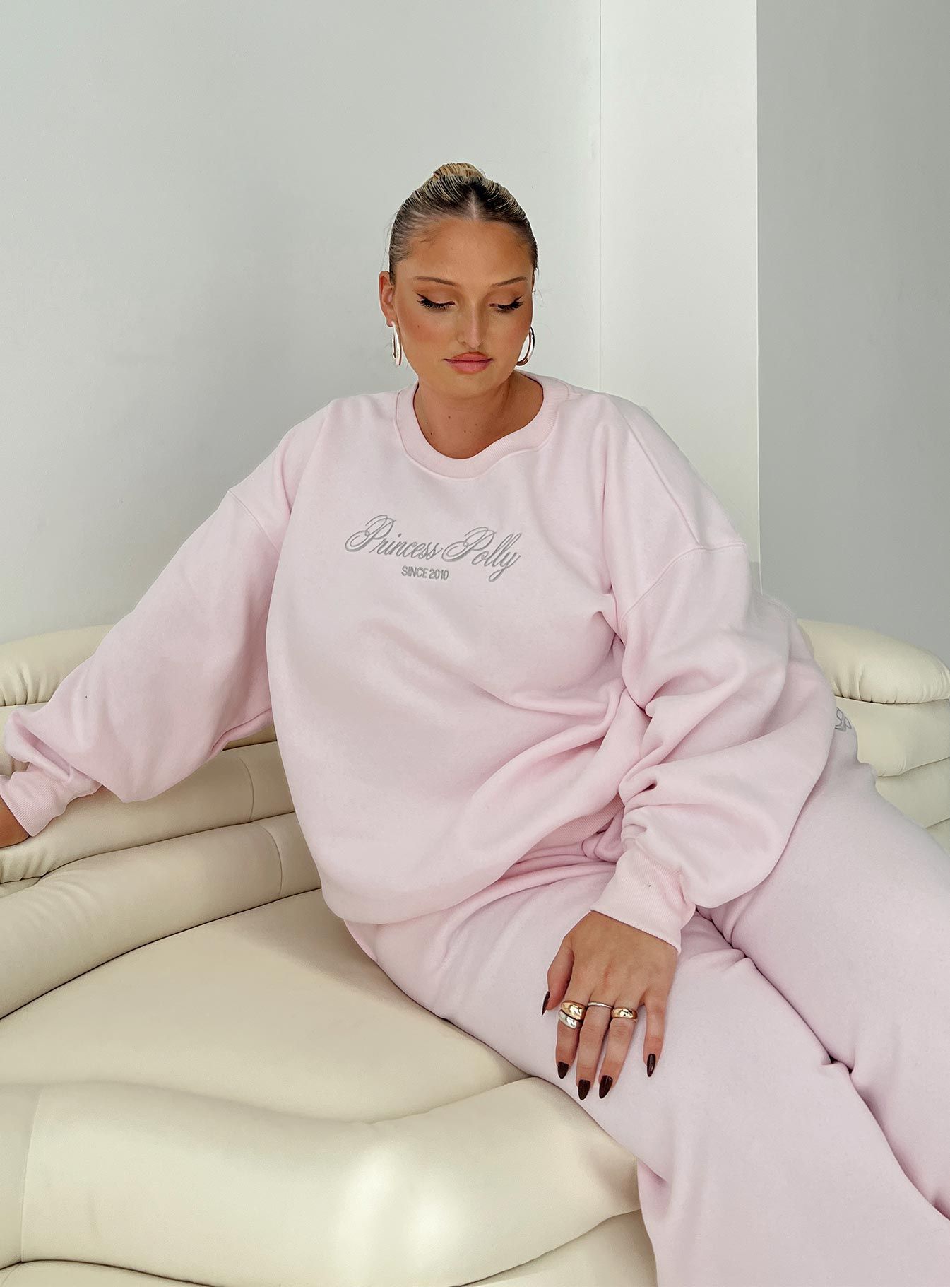 Princess Polly Crew Neck Sweatshirt Script Baby Pink / Grey Curve sold by Princess Polly