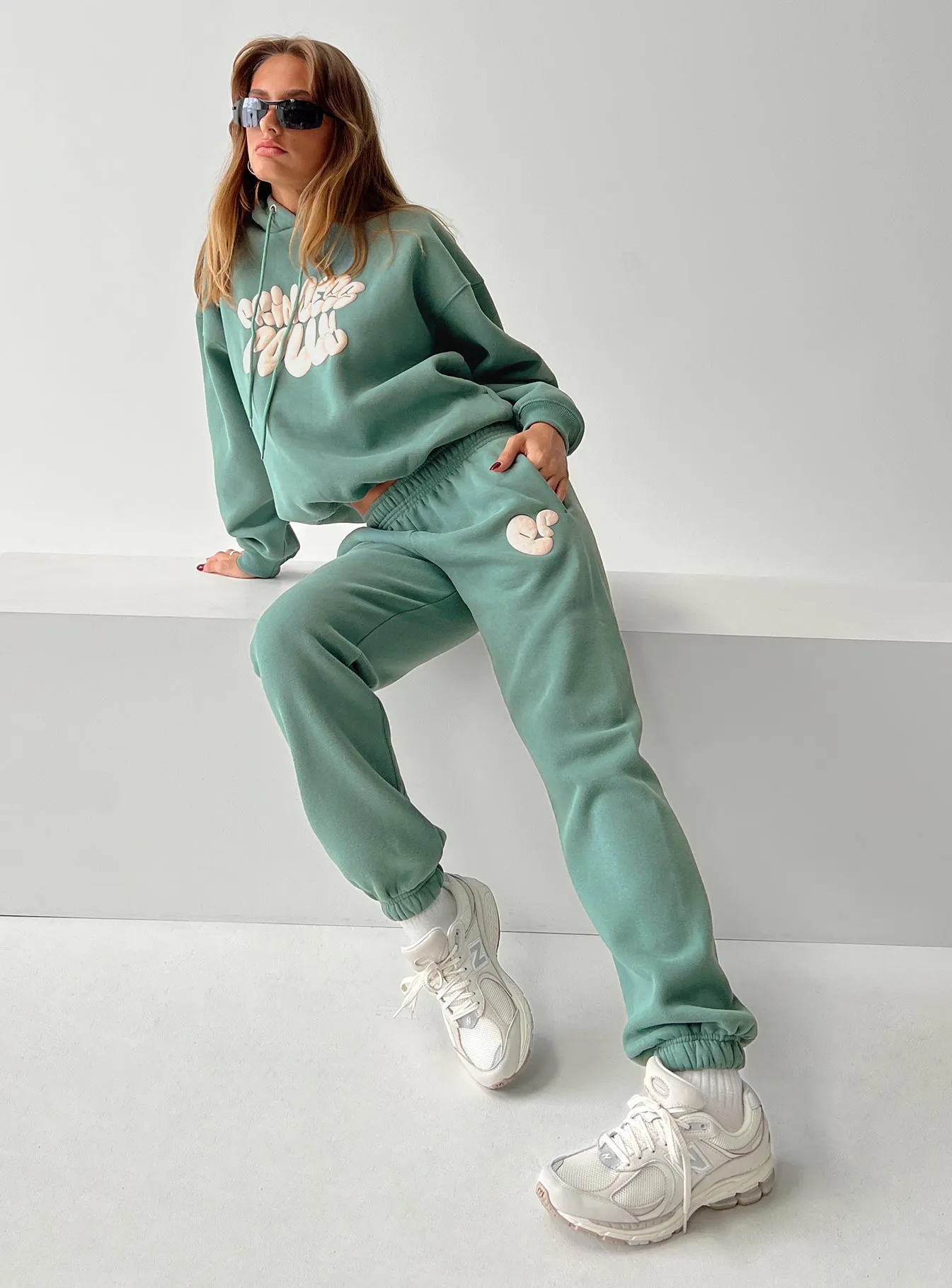 Princess Polly Track Pants Bubble Text Sage / Eggshell sold by Princess Polly