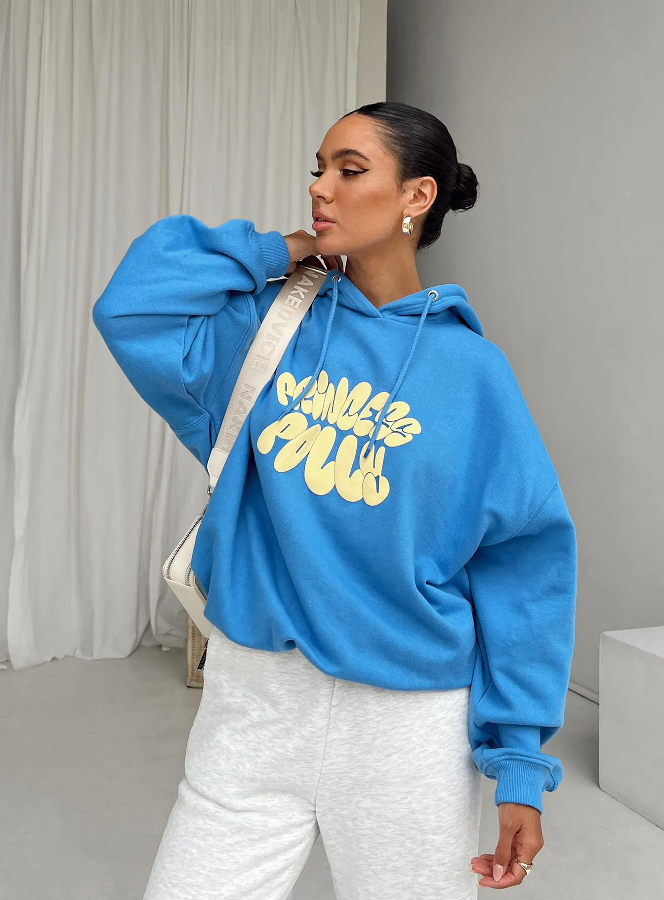 Princess Polly Hooded Sweatshirt Bubble Text Blue / Yellow sold by Princess Polly