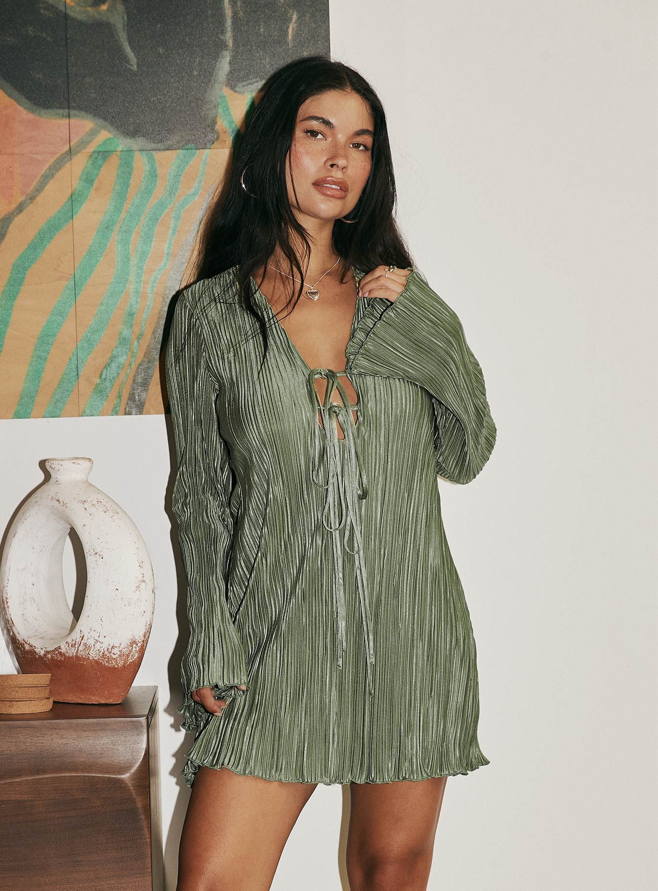 Malop Long Sleeve Mini Dress Sage sold by Princess Polly product image thumbnail 2