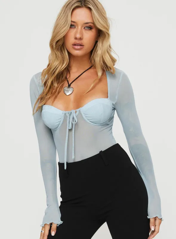 Tasia Long Sleeve Bodysuit Blue sold by Princess Polly