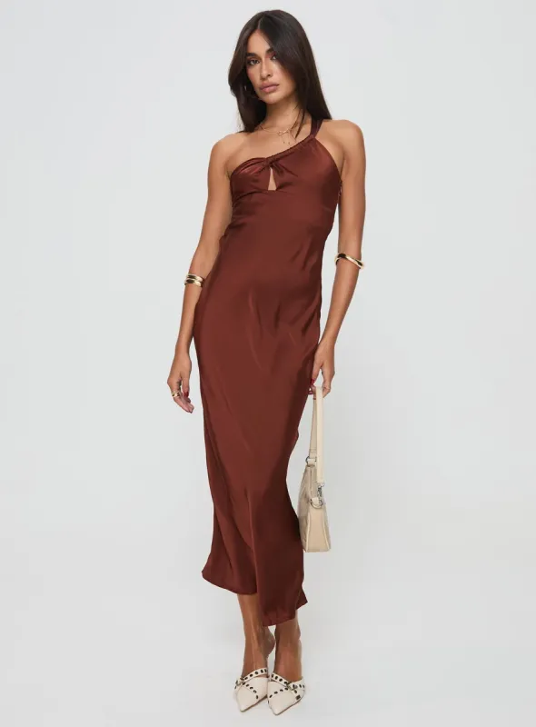 Casimir One Shoulder Maxi Dress Chocolate sold by Princess Polly