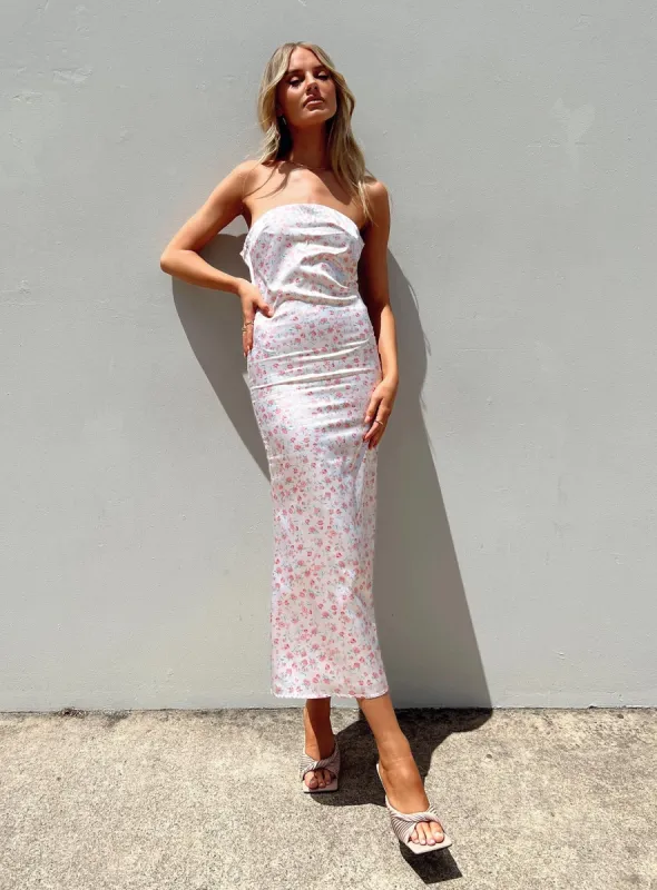 Barnsley Strapless Midi Dress Pink / Floral sold by Princess Polly