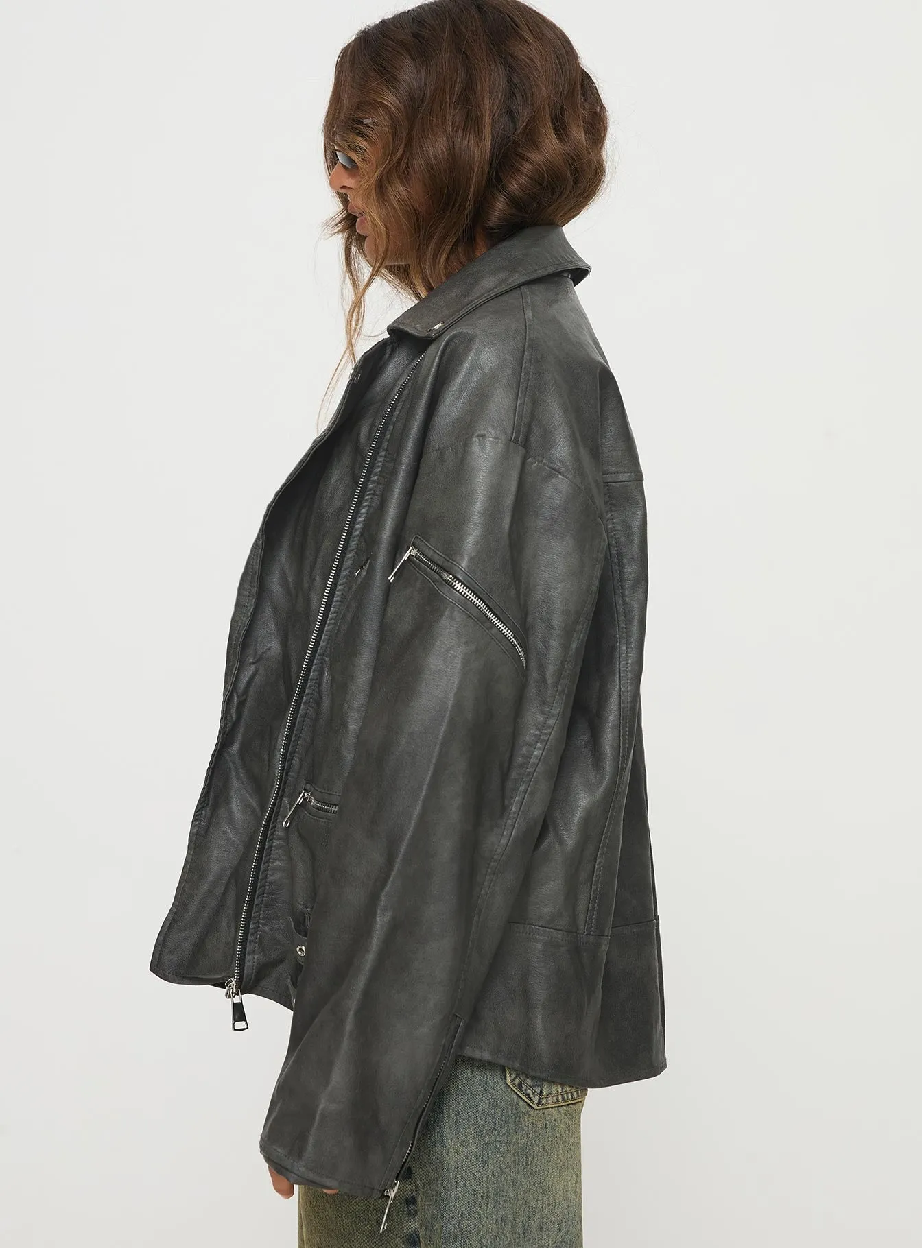Magnets Faux Leather Jacket Washed Charcoal sold by Princess Polly product image thumbnail 4