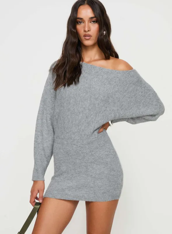 Peregrine Cold Shoulder Mini Dress Grey sold by Princess Polly