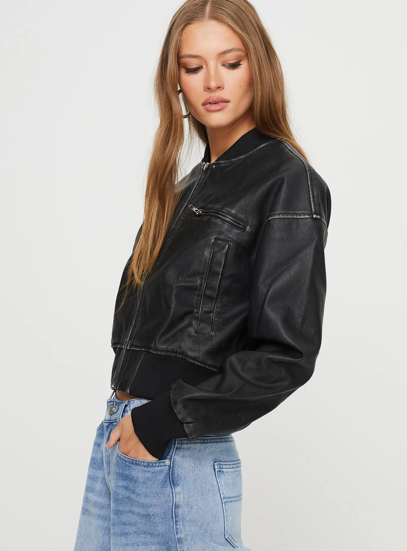 Sweet Disaster Faux Leather Cropped Bomber Jacket Black sold by Princess Polly product image thumbnail 4