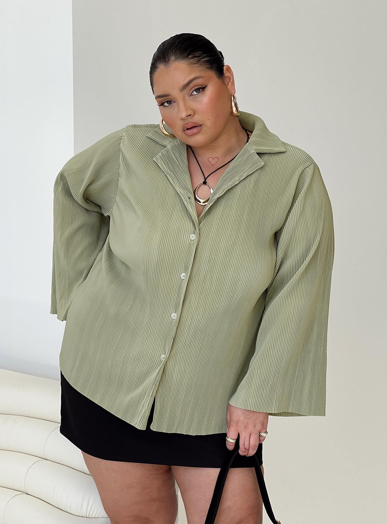 Louie Pleated Shirt Sage Curve sold by Princess Polly