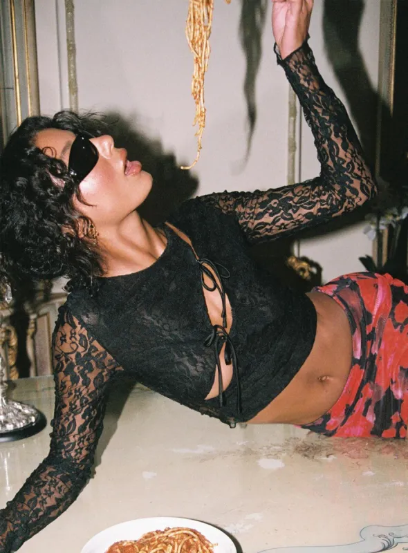 Falco Long Sleeve Lace Top Black sold by Princess Polly