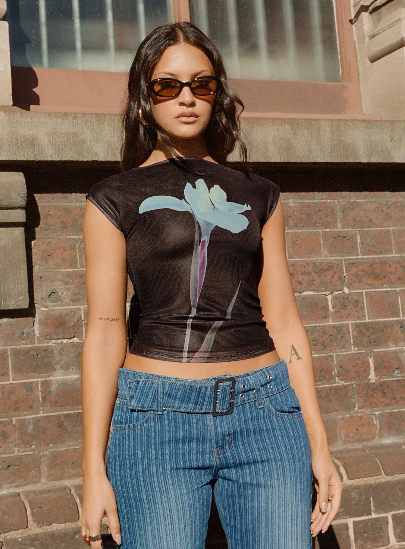 Nova Flower Top Navy / Black sold by Princess Polly