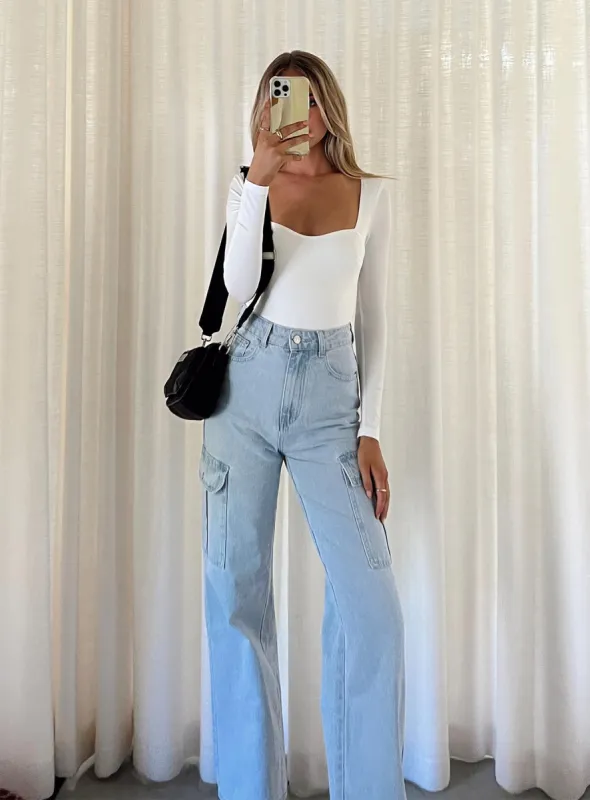 Pimaga Wide Leg Cargo Jeans Light Wash Denim sold by Princess Polly