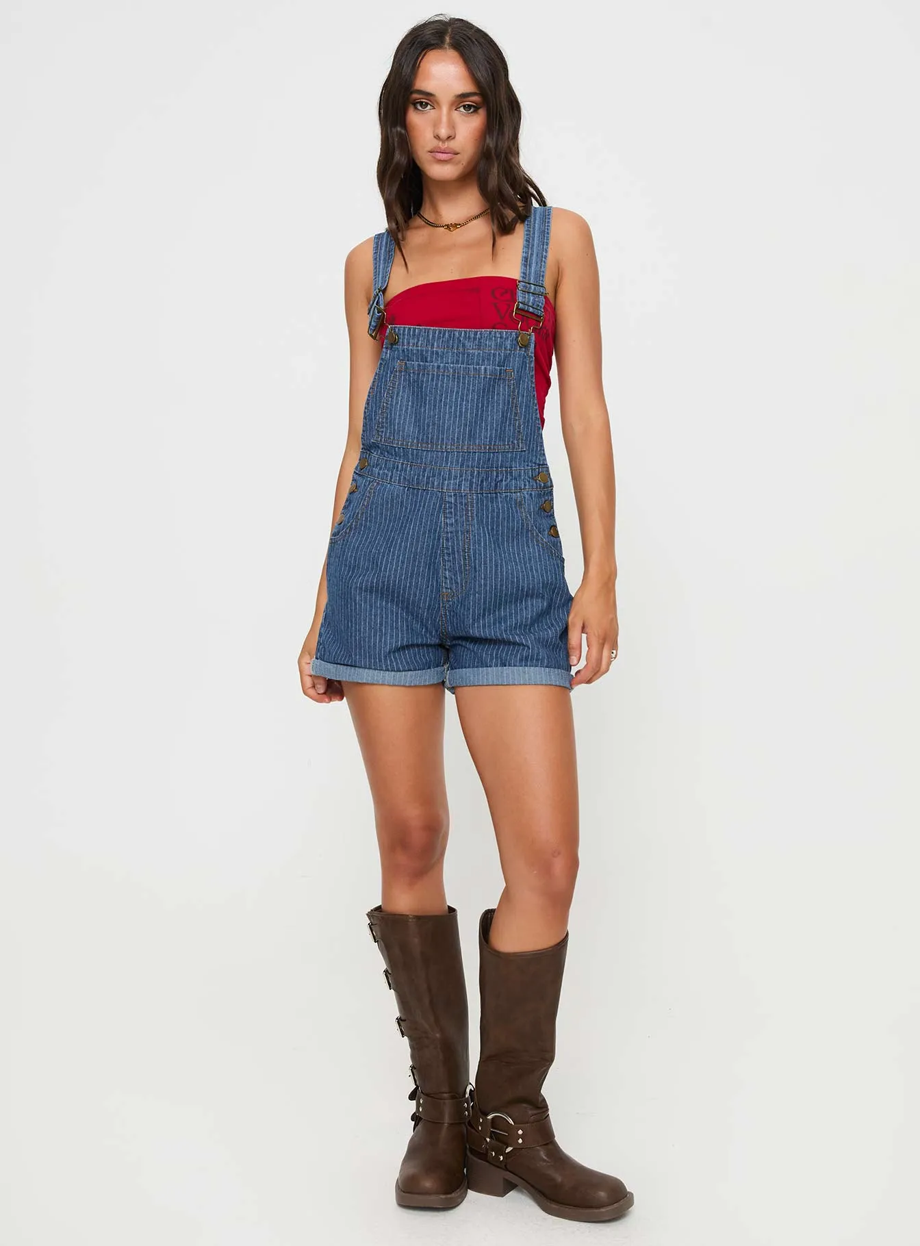 Kacey Short Overalls Mid Blue Pinstripe sold by Princess Polly product image thumbnail 3