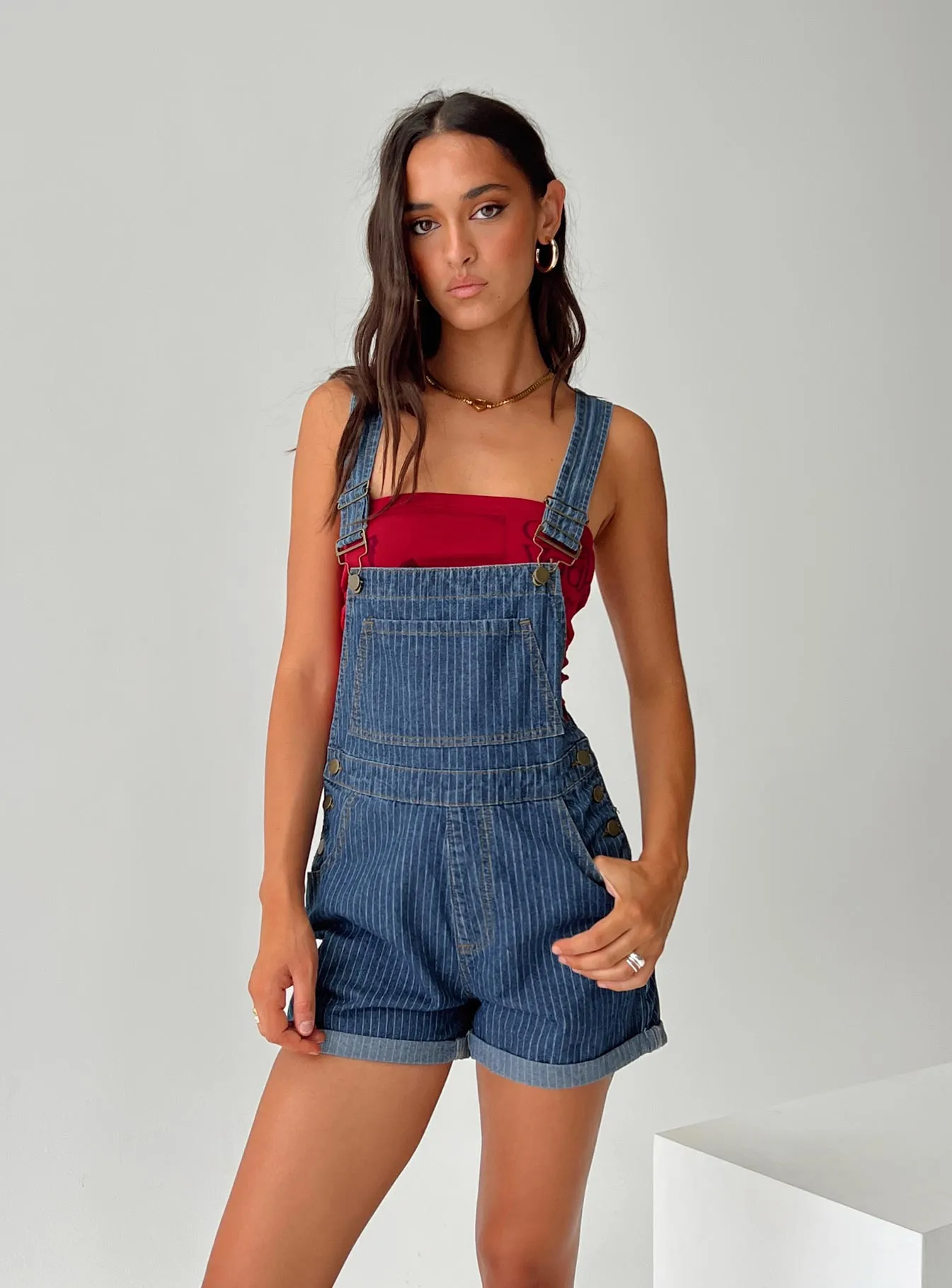 Kacey Short Overalls Mid Blue Pinstripe sold by Princess Polly