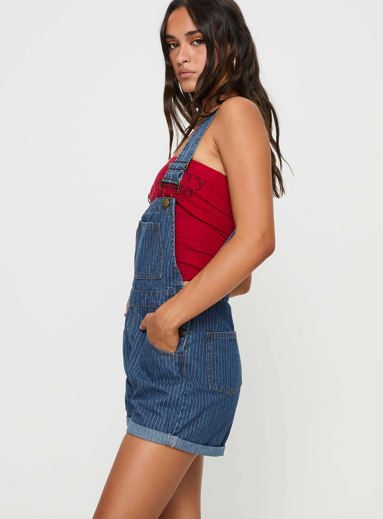 Kacey Short Overalls Mid Blue Pinstripe sold by Princess Polly product image thumbnail 4