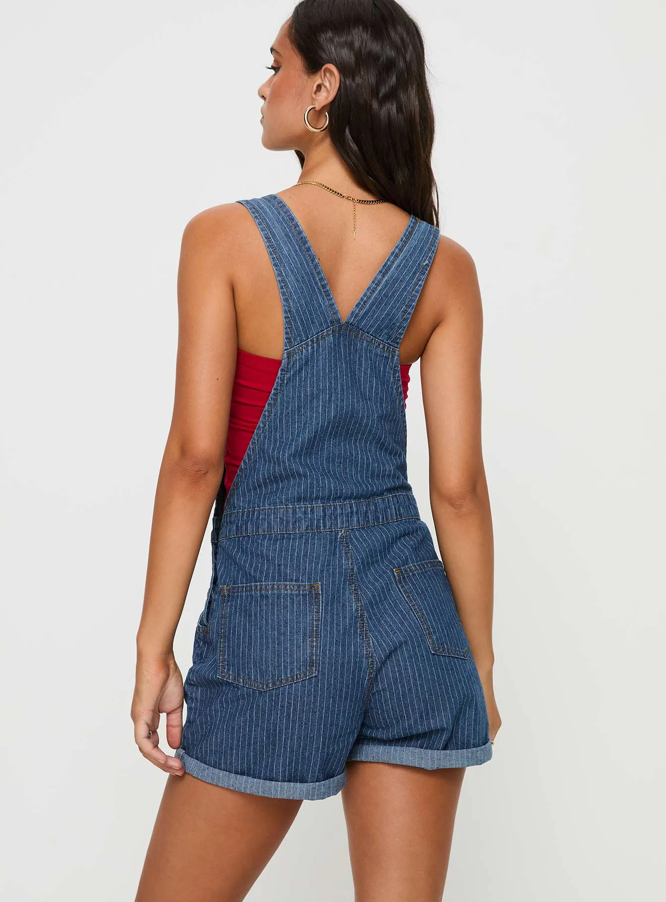 Kacey Short Overalls Mid Blue Pinstripe sold by Princess Polly product image thumbnail 5