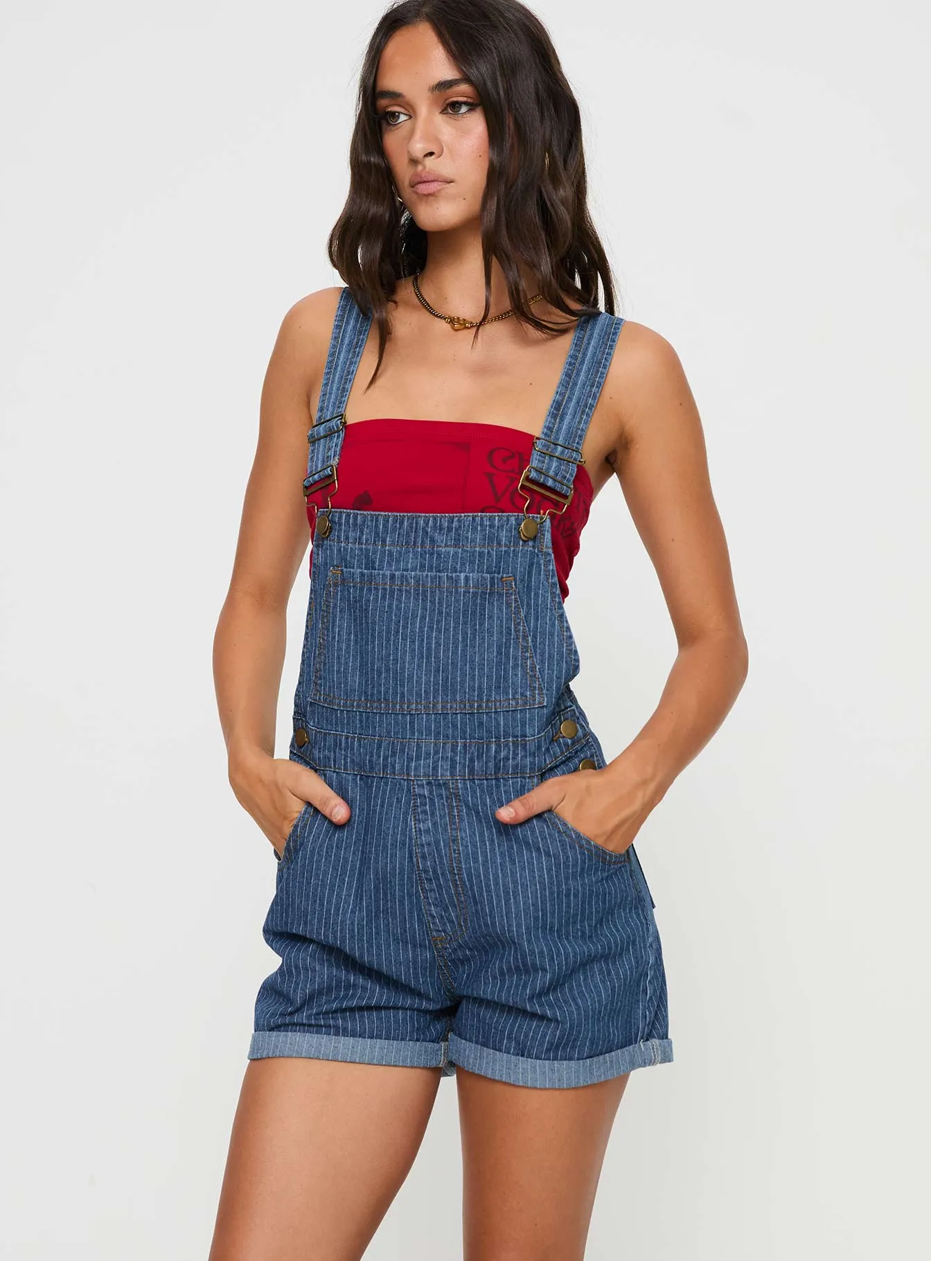 Kacey Short Overalls Mid Blue Pinstripe sold by Princess Polly product image thumbnail 2
