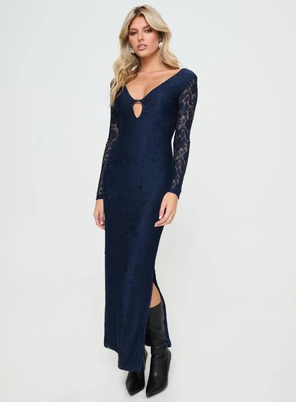 Marceline Long Sleeve Maxi Dress Navy sold by Princess Polly
