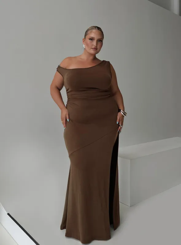 Rios One Shoulder Maxi Dress Brown Curve sold by Princess Polly