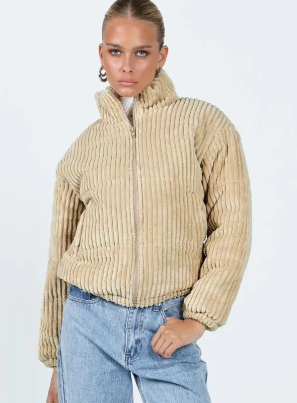 Benli Cord Puffer Jacket Beige sold by Princess Polly