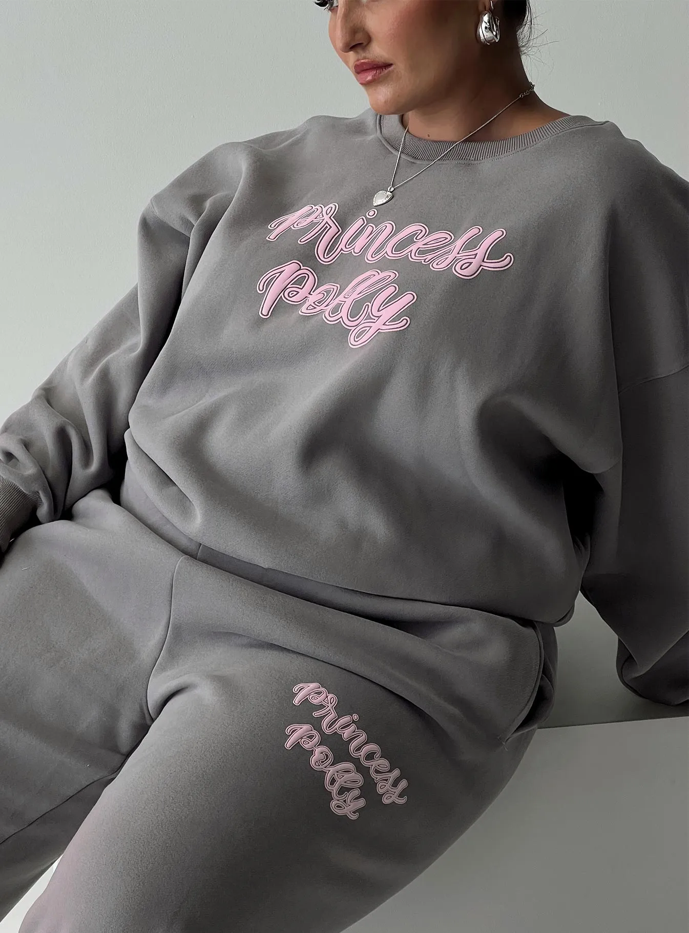 Princess Polly Crew Neck Sweatshirt Puff Text Charcoal Curve sold by Princess Polly