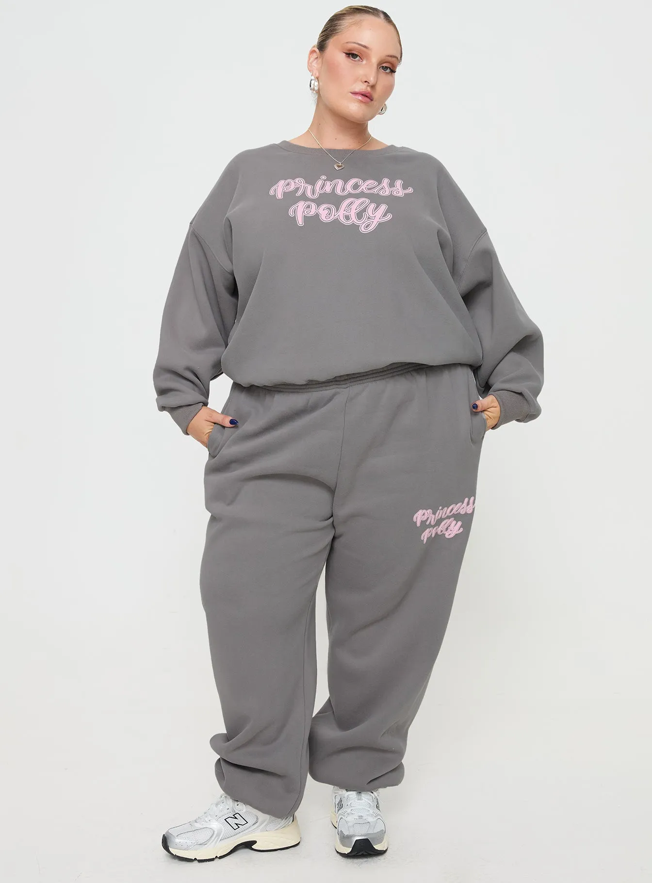 Princess Polly Crew Neck Sweatshirt Puff Text Charcoal Curve sold by Princess Polly product image thumbnail 3