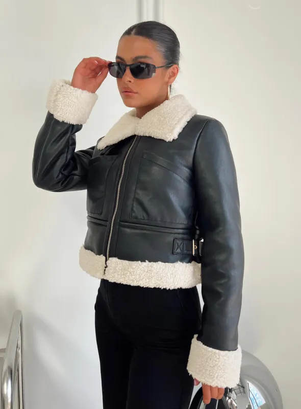 Mayella Shearling Faux Leather Jacket Black sold by Princess Polly